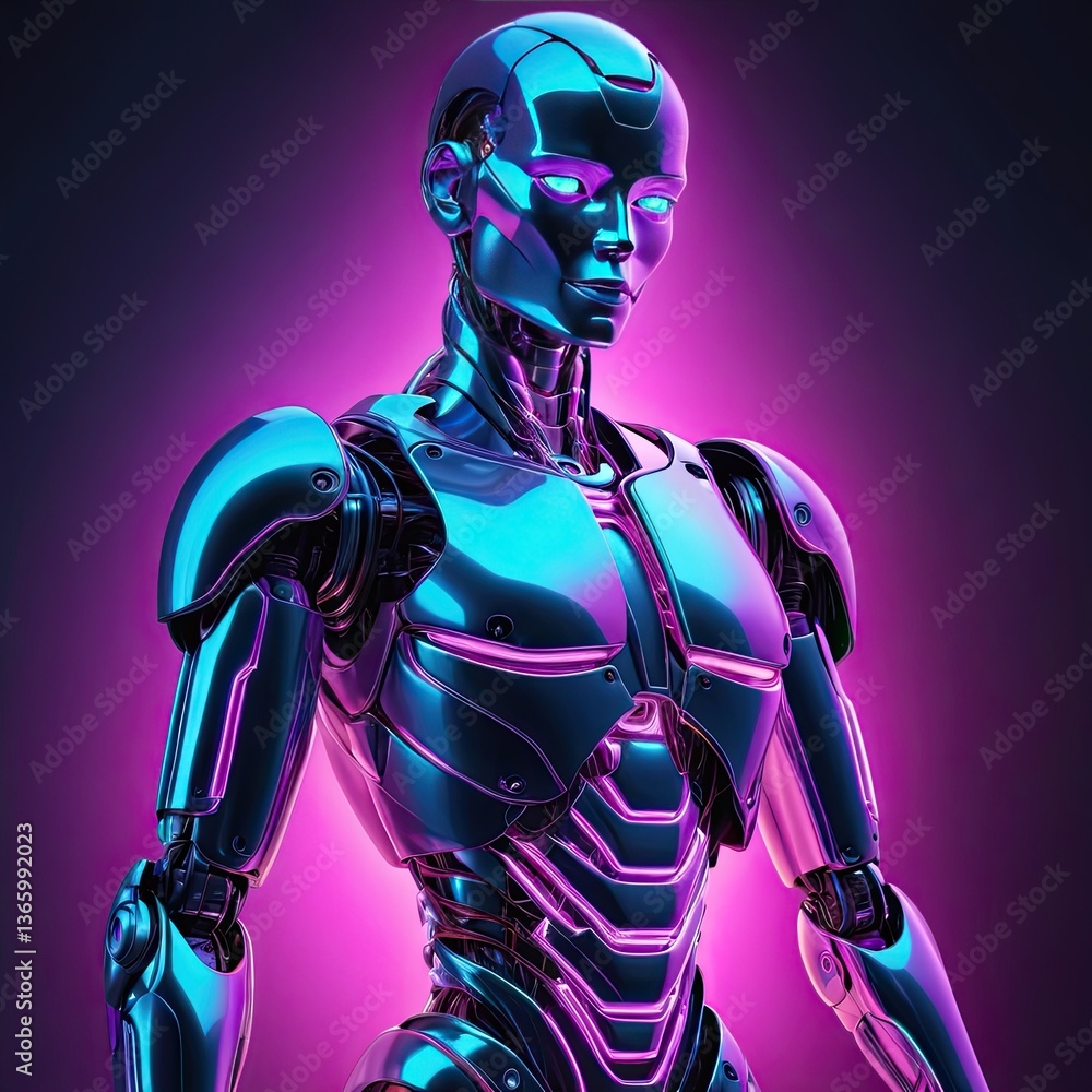 Naklejka premium Futuristic Robot: A highly detailed, photorealistic rendering of a sleek, humanoid robot, illuminated with vibrant neon lights, showcasing the evolution of technology and artificial intelligence.