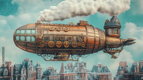 A steampunk airship flying over a Victorian-era city, with gears, brass details, and smoke billowing from chimneys, realistic photo