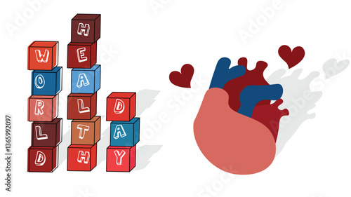 world health day lettering typography illustration with human heart with heart around it, Medical healthy Human heart symbol, Healthcare Awareness sign, Health Support,Cardiovascular Care Awareness,