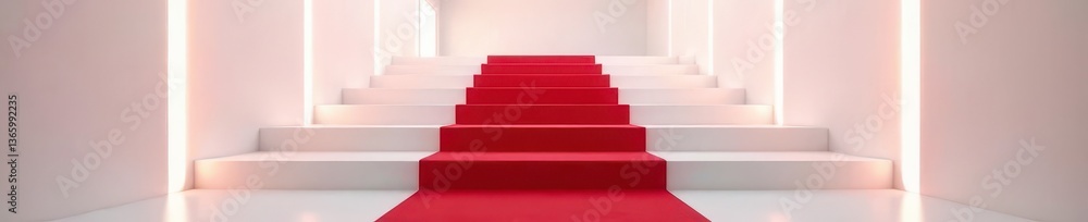 Obraz premium Elegant red carpet on white staircase, vertical lighting , line, stairs, color