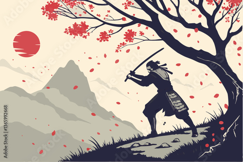 77 Japanese samurai warrior, dynamic pose, dual katanas, traditional armor, cherry blossom explosion, vibrant red splatter, mountainous landscape, misty atmosphere, ink wash painting style, dramatic l