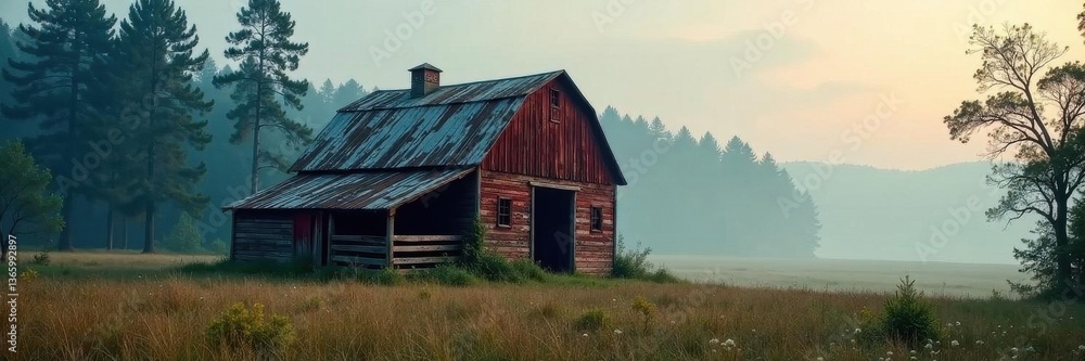 Old weathered barn, ethereal mist, tall pines, fading light, background, barn, mist Old weathered barn, ethereal mist, tall pines, fading light, background, barn, mist