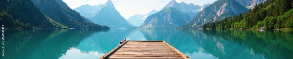 Wooden dock extends over calm alpine lake, mountain peaks rise in distance, summer, wildlife, scenic Wooden dock extends over calm alpine lake, mountain peaks rise in distance, summer, wildlife, scenic