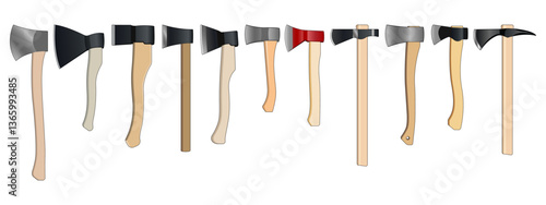 Realistic vector illustration. Set of axes. Construction and gardening tools.