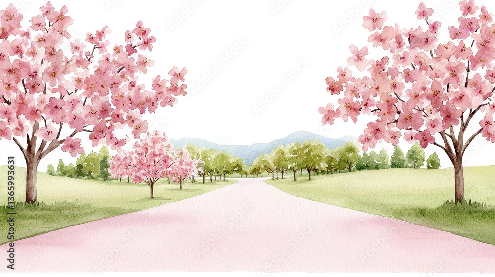 Naklejka premium serene watercolor scene features blooming cherry trees lining peaceful pathway, evoking tranquility., Watercolor illustration