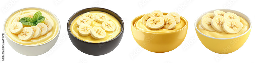 Vanilla pudding bowl with banana isolated on transparent background. PNG ,Set of Vanilla pudding bowl with banana isolated on transparent background. PNG ,Set of