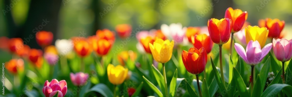 Obraz premium Close-up colorful spring flowers, lush green foliage, detail, plant