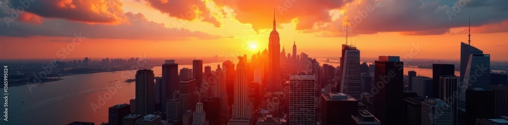 Fototapeta premium Golden sunrise illuminates NYC skyscrapers, East River visible, metropolis, river