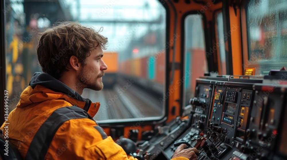 A close-up of a train engineer monitoring the controls inside the locomotive, with freight cars in the background A close-up of a train engineer monitoring the controls inside the locomotive, with freight cars in the background