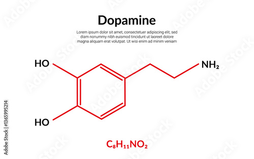 Dopamine (DA, a contraction of 3,4-dihydroxyphenethylamine), neuromodulatory molecule, molecular structure formula, suitable for education or chemistry science content. Vector illustration