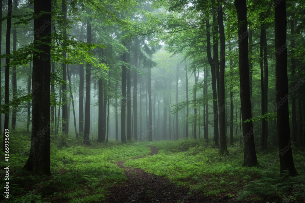 Obraz premium Misty Forest Path Through Tall Trees