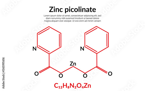 Zinc picolinate (or ZnPic) molecular structure formula, suitable for education or chemistry science content. Vector illustration