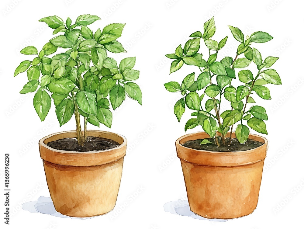Fototapeta premium Watercolor Basil Plants in Pots.