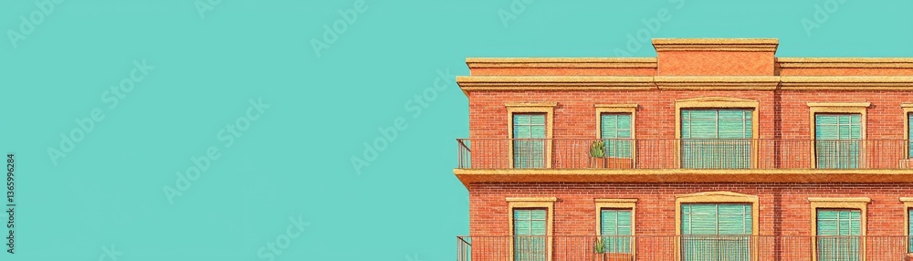 Obraz premium Orange building, teal sky, balconies, plants. Real estate, website