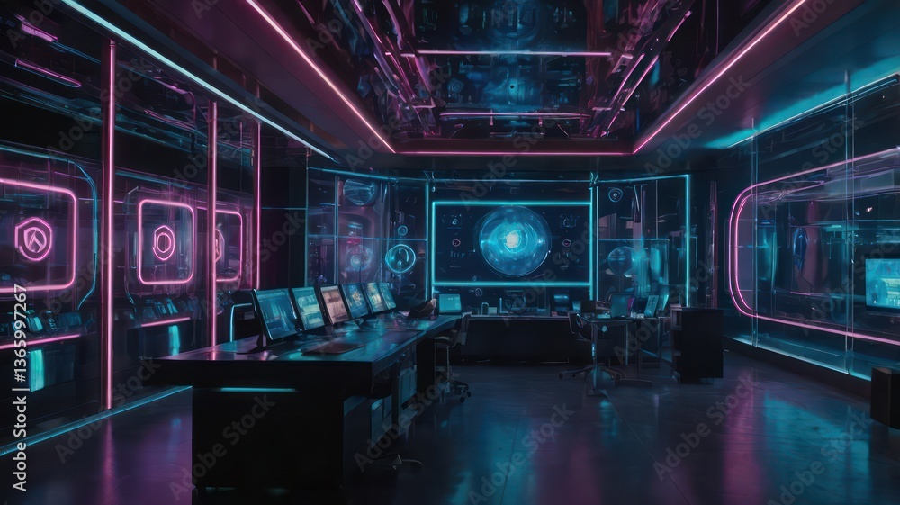 Futuristic control room with neon lighting and high-tech screens. Futuristic control room with neon lighting and high-tech screens.