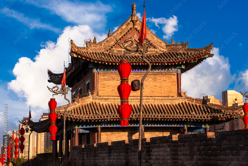 Fototapeta premium Traditional building and red lanterns on old wall in Xian, China