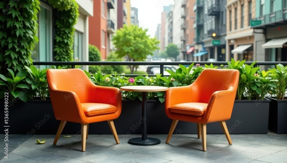 Fototapeta premium Stylish orange accent chairs, round table, greenery, urban backdrop , interior design, plant, city view