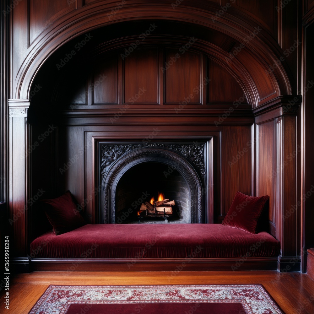 Fototapeta premium Cozy reading nook in a historic home, complete with an old-fashioned fireplace and velvet cushions