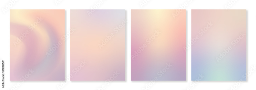 Set of 4 vector gradient backgrounds in light pastel colors with soft transitions. For covers, greeting cards, invitations, social media, posters and other projects. For web and printing. Set of 4 vector gradient backgrounds in light pastel colors with soft transitions. For covers, greeting cards, invitations, social media, posters and other projects. For web and printing.