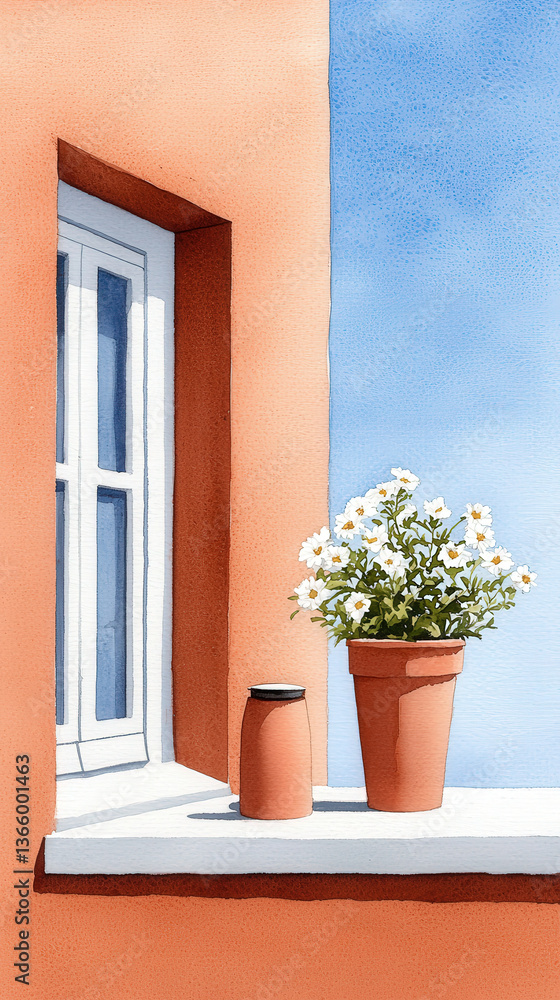 beautiful watercolor painting of window with flower pot and jar, showcasing vibrant colors and serene, Watercolor illustration beautiful watercolor painting of window with flower pot and jar, showcasing vibrant colors and serene, Watercolor illustration