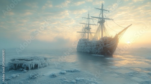 Frozen pirate ship at sunrise on icy sea