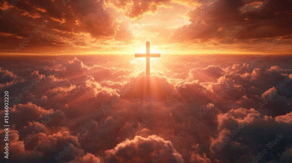 Fototapeta premium Heavenly Cross: Symbol of Hope Amidst Sunset Clouds & Radiant Light