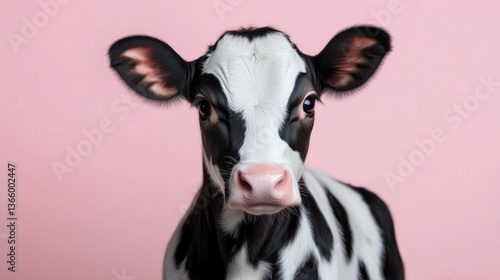 Cute calf portrait against a pink background.  A young, black and white calf stares directly at the camera with large expressive eyes.  Its delicate pink nose and ears stand out against its coat