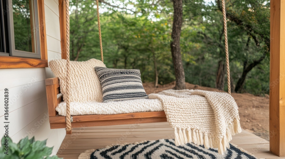 Fototapeta premium Treehouse reading retreat with a wooden swing chair, nature sounds, and soft woven blankets