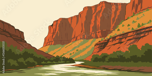 Majestic red cliffs reflecting in serene river landscape  