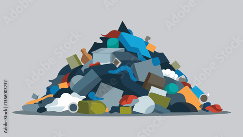 Waste pile of assorted garbage against a gray background  