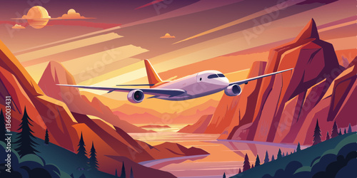 Airplane flying over colorful mountainous landscape at sunset  