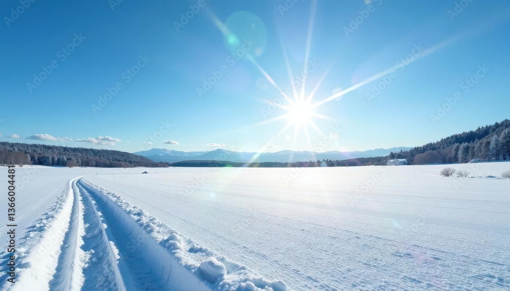 Expansive snowy field; bright winter sun, clear blue sky , panoramic, copy space, winter wonderland Expansive snowy field; bright winter sun, clear blue sky , panoramic, copy space, winter wonderland