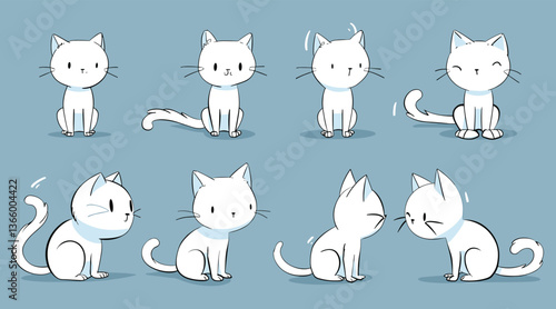 Cute White Cat Poses - Hand-drawn Cat Expressions and Stances