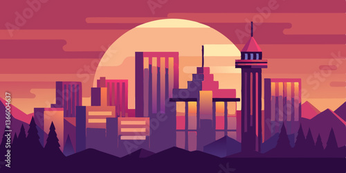 Stylized city skyline silhouette against sunset backdrop  