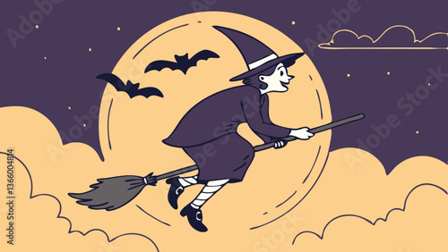 Witch flying on broomstick against a full moon background  