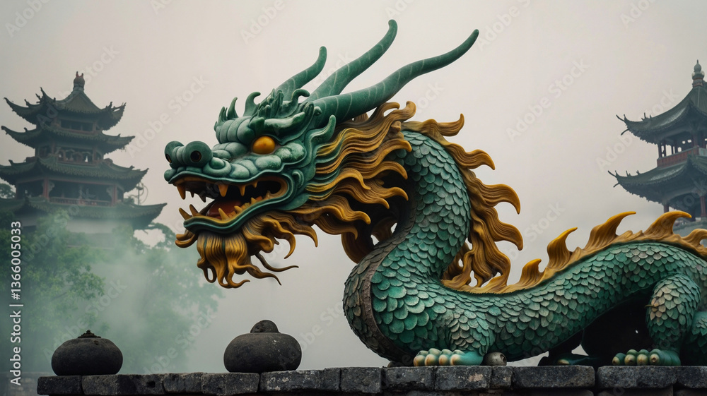 Fototapeta premium Dragon sculpture majestically overlooking ancient temple background - 