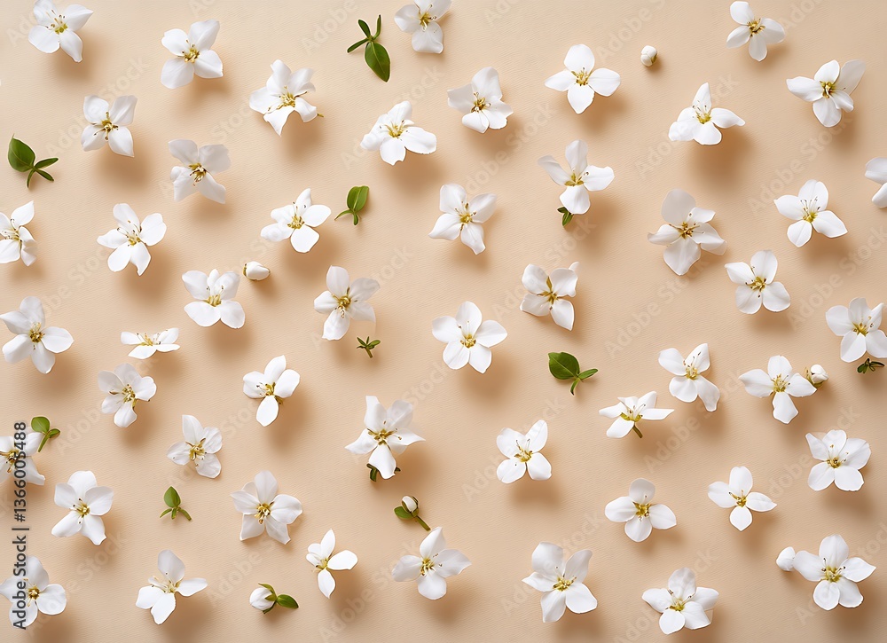 Jasmine: A lot of jasmine flowers on a beige background, top view Jasmine: A lot of jasmine flowers on a beige background, top view