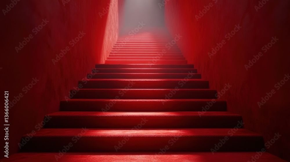 Fototapeta premium Crimson Ascent: A Red Staircase Leading to Light