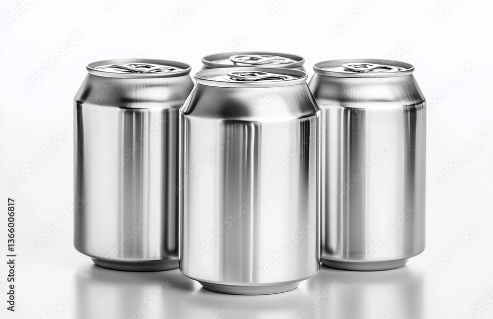 A group of four aluminum cans standing on a white surface in a studio setting with bright lighting A group of four aluminum cans standing on a white surface in a studio setting with bright lighting