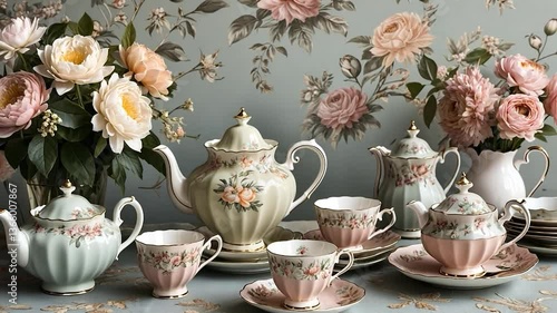 Wallpaper Mural Elegant tea service with floral design in a refined vintage style setting Torontodigital.ca