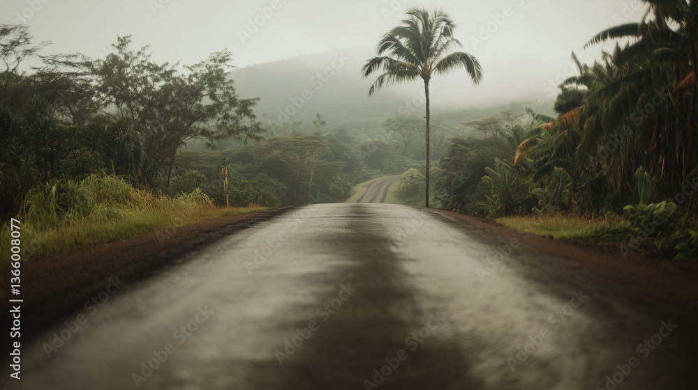Fototapeta premium Quiet winding road through lush greenery under a cloudy sky in a serene landscape during early morning hours Generative AI