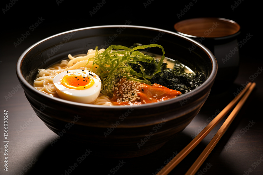 Japanese ramen bowl with soft-boiled egg, nori, and chopsticks poised to slurp
Japanese ramen bowl with soft-boiled egg, nori, and chopsticks poised to slurp