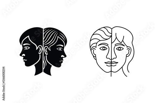 Gemini Zodiac Sign Dual Personalities, Two Faces, Line Art