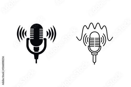 Retro Microphone Icons Broadcasting, Podcast, Audio, Radio, Waves