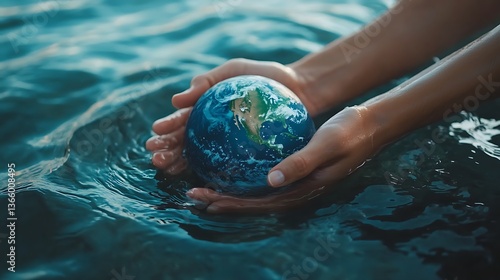 Fototapeta Naklejka Na Ścianę i Meble -  Hands holding a globe in the sea.