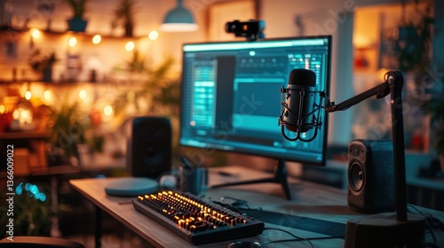 A podcaster streaming a live podcast episode, with high-quality equipment and video recording tools capturing the session