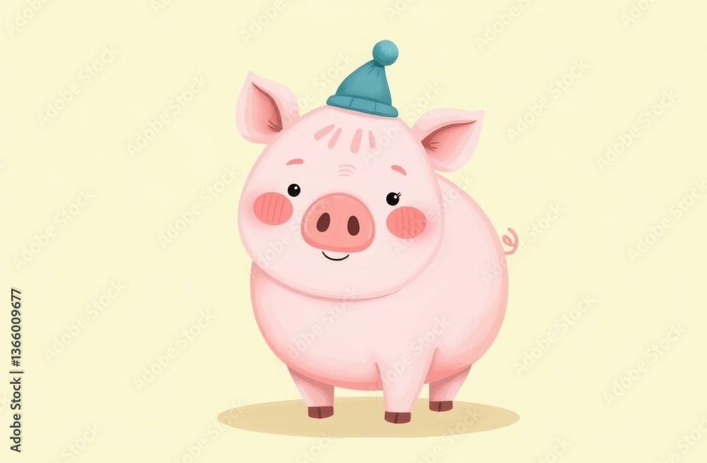 Adorable animated pig wearing a blue hat on a soft yellow background. Ideal for children's illustrations, cartoons, and fun educational materials, perfectly capturing a playful spirit. Adorable animated pig wearing a blue hat on a soft yellow background. Ideal for children's illustrations, cartoons, and fun educational materials, perfectly capturing a playful spirit.