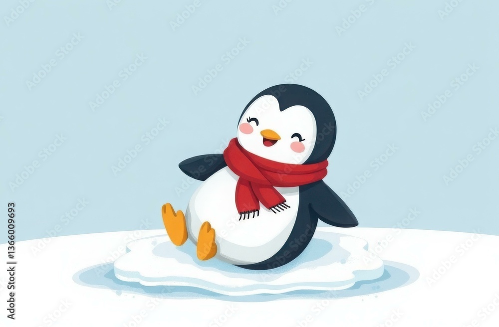 Obraz premium Adorable animated penguin wearing a red scarf, happily sliding on ice. The charming scene is set against a light blue background, ideal for children's illustrations and cartoons.