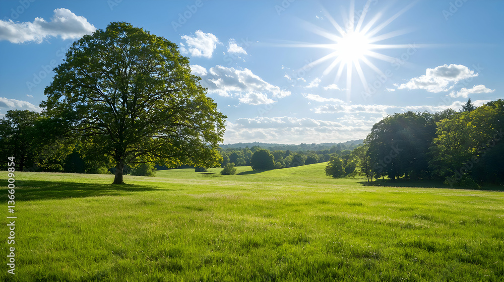 Obraz premium Lush Green Meadow Under Sunny Skies With A Majestic Tree And Horizon View