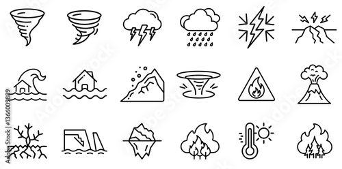 "Natural Disaster Line Icon Representing Environmental Catastrophes and Crisis Management"